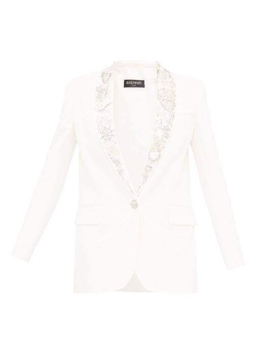 Matchesfashion.com Balmain - Embellished Lapels Crepe Blazer - Womens - White Silver