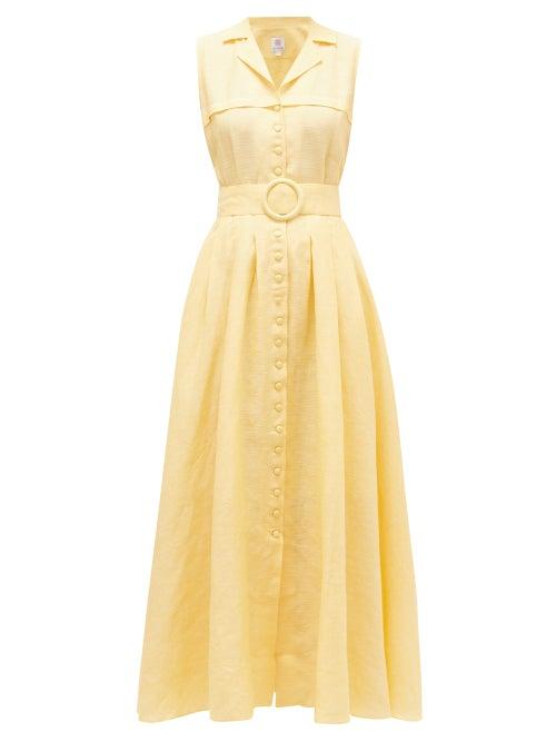 Matchesfashion.com Gl Hrgel - Belted Linen-jacquard Shirt Dress - Womens - Yellow