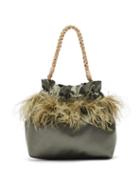 Matchesfashion.com Montunas - Ostrich Feather-trimmed Satin Drawstring Pouch - Womens - Grey