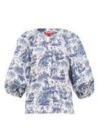 Matchesfashion.com Staud - Dill Balloon-sleeve Tropical-print Cotton Blouse - Womens - Blue White