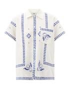 Matchesfashion.com Bode - Fruit-embroidered Silk-blend Bowling Shirt - Womens - Blue White