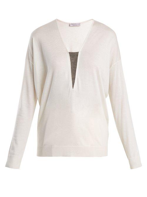 Matchesfashion.com Brunello Cucinelli - Bead Embellished Cashmere And Silk Blend Sweater - Womens - Ivory