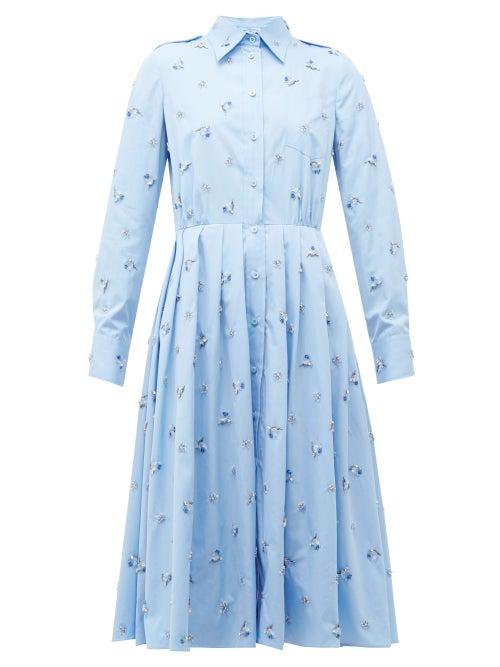 Matchesfashion.com Prada - Crystal Embellished Pleated Cotton Shirtdress - Womens - Light Blue