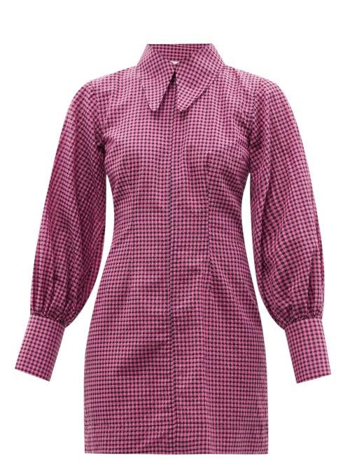 Ganni - Exaggerated-collar Gingham Seersucker Mini Dress - Womens - Pink Multi