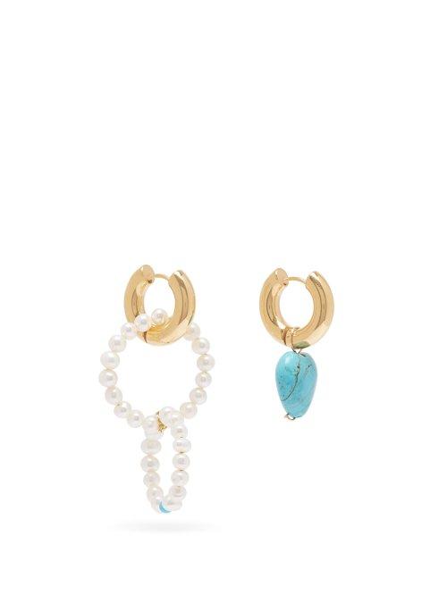 Matchesfashion.com Timeless Pearly - Mismatched Turquoise & Pearl Hoop Earrings - Womens - Blue
