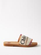 Chlo - Woody Embroidered Canvas Slides - Womens - White Multi