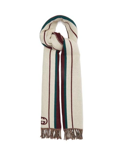 Gucci - Stripe-intarsia Fringed Wool-blend Scarf - Mens - Brown