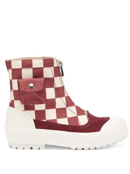 Matchesfashion.com Jw Anderson - Zipped Check Cotton-canvas Boots - Womens - Red White