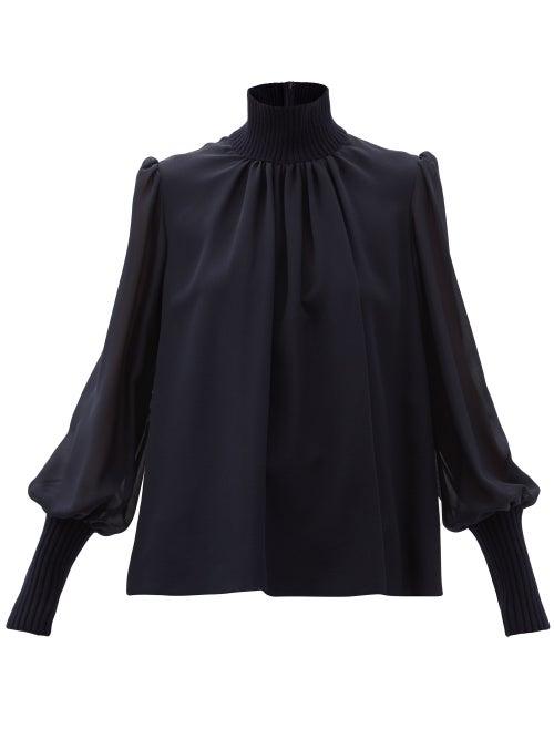 Matchesfashion.com Chlo - High-neck Silk-georgette Top - Womens - Navy