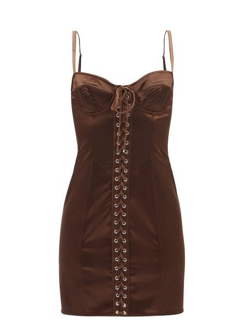 Dolce & Gabbana - Lace-up Corset Satin Mini Dress - Womens - Dark Brown