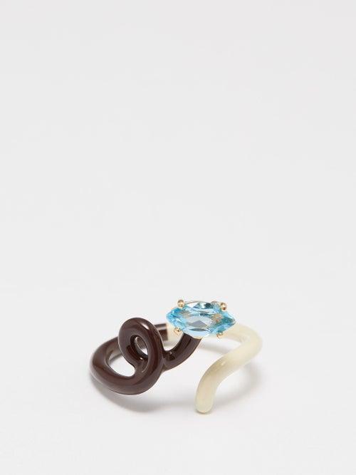 Bea Bongiasca - Baby Vine Tendril Topaz, 9kt Gold & Enamel Ring - Womens - Blue Multi