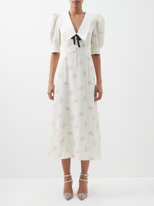 Alessandra Rich - Floral Silk-jacquard Midi Dress - Womens - Cream