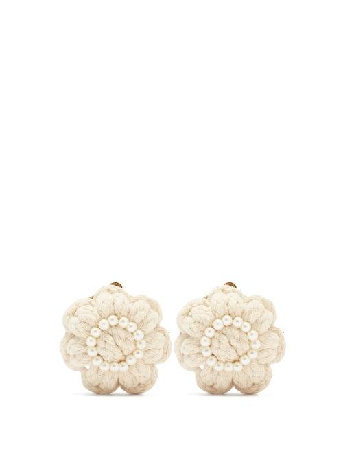 Shrimps - Nancy Knitted Faux-pearl Floral Clip Earrings - Womens - Cream