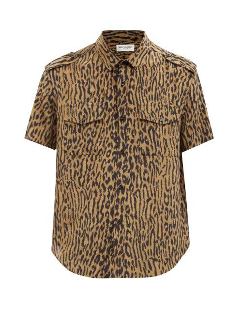 Saint Laurent - Leopard-print Short-sleeved Silk Shirt - Mens - Brown