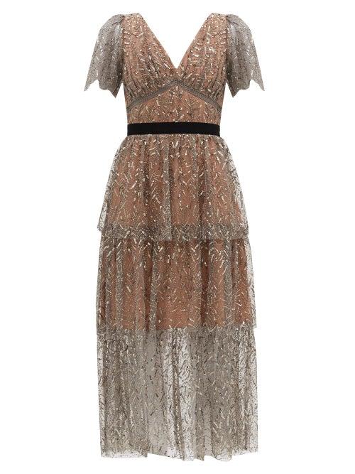 Matchesfashion.com Self-portrait - Tiered Sequinned Tulle Midi Dress - Womens - Silver