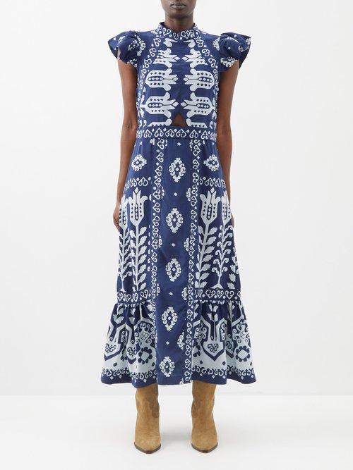 Sea - Sonia Printed Silk Midi Dress - Womens - Navy White