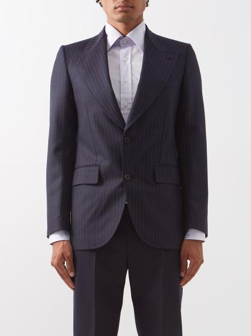 Husbands - Peak-lapel Pinstriped Wool-blend Suit Jacket - Mens - Navy Multi
