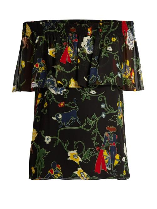 Tibi Seville-print Off-the-shoulder Silk Top