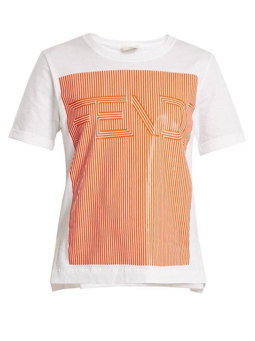 Matchesfashion.com Fendi - Striped Logo Print Cotton Jersey T Shirt - Womens - White Multi