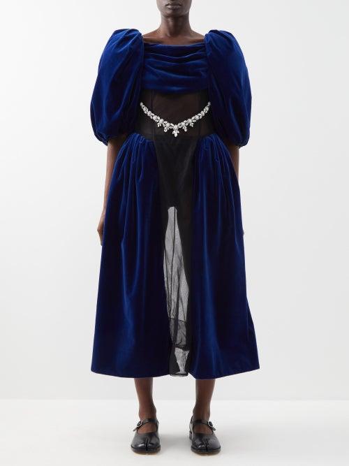 Simone Rocha - Crystal-embellished Tulle-inset Velvet Dress - Womens - Navy