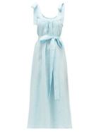 Matchesfashion.com Gl Hrgel - Bow-shoulder Linen-jacquard Midi Dress - Womens - Light Blue