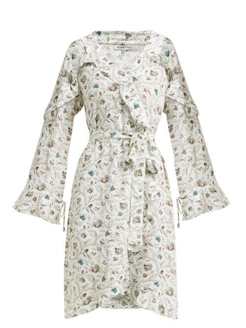 Matchesfashion.com D'ascoli - Abigail Floral Print Ruffle Trim Silk Dress - Womens - White Multi