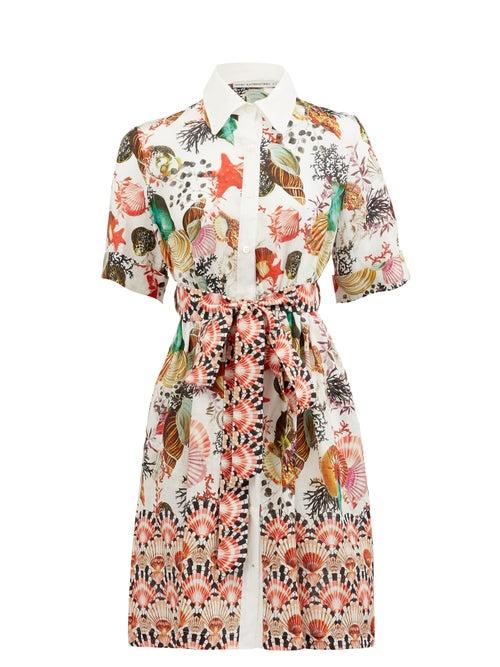 Matchesfashion.com Mary Mare - Capri Shell-print Linen Shirt Dress - Womens - White Print