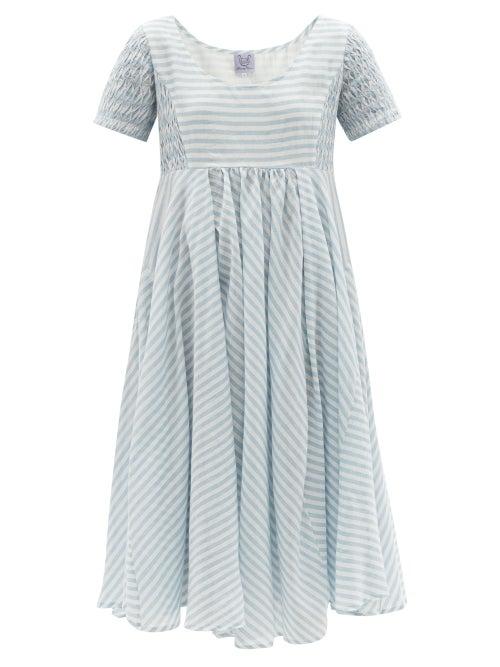 Ladies Beachwear Thierry Colson - Romy Smocked Striped Cotton-voile Dress - Womens - Blue White
