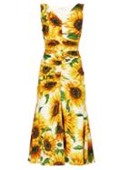 Matchesfashion.com Dolce & Gabbana - Sunflower Print Gathered Midi Dress - Womens - Yellow Multi