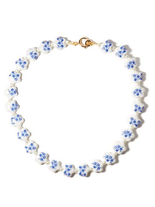 Matchesfashion.com Shrimps - Elias Ceramic-flower & Faux-pearl Choker - Womens - Blue White