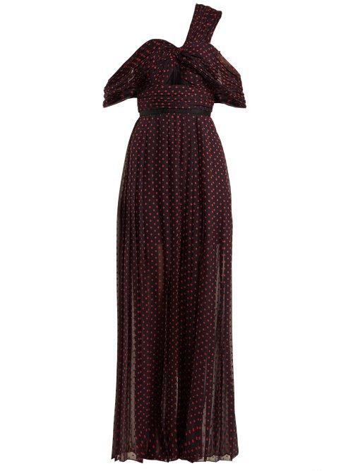 Matchesfashion.com Self-portrait - Polka Dot Print One Shoulder Maxi Dress - Womens - Navy