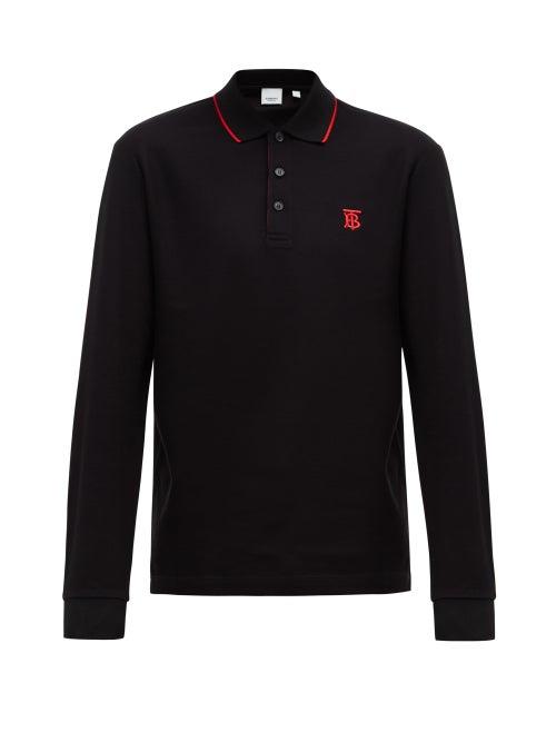 Matchesfashion.com Burberry - Aden Tb Embroidered Long Sleeved Cotton Polo Shirt - Mens - Black