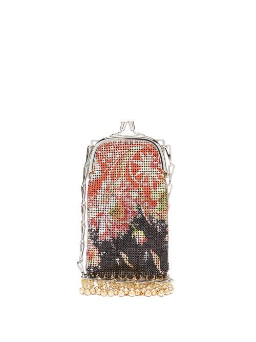 Matchesfashion.com Paco Rabanne - Pixel Mini Floral-print Fringed Chainmail Bag - Womens - Red Multi