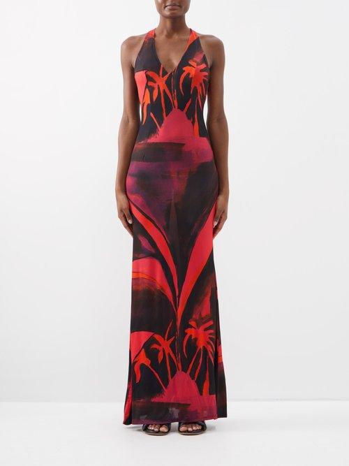 Louisa Ballou - High Sea Queen's Gambit-print Halterneck Dress - Womens - Pink Print