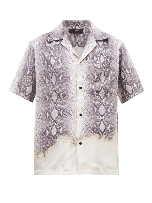 Matchesfashion.com Amiri - Python Print Silk Short Sleeved Shirt - Mens - Grey