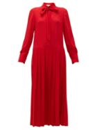 Matchesfashion.com Valentino - Logo Print Tie Neck Pleated Silk Dress - Womens - Red