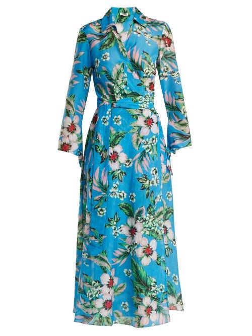 Matchesfashion.com Diane Von Furstenberg - Floral Print Cotton And Silk Blend Wrap Dress - Womens - Blue Print