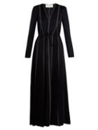Matchesfashion.com Valentino - V Neck Long Sleeved Hammered Satin Dress - Womens - Navy