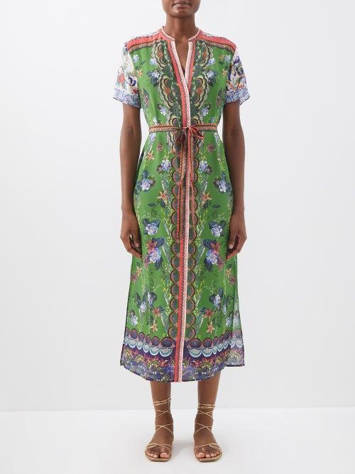 Saloni - Vici Floral-print Belted Silk Shirt Dress - Womens - Green Multi