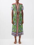 Saloni - Vici Floral-print Belted Silk Shirt Dress - Womens - Green Multi