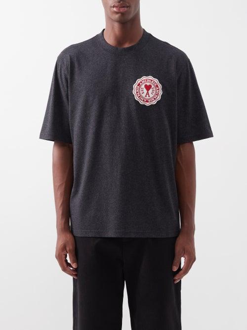 Ami - Logo-patch Recycled-cotton Jersey T-shirt - Mens - Grey Multi