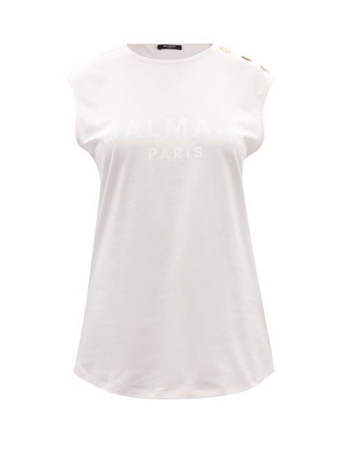 Ladies Rtw Balmain - Logo-print Cotton-jersey Tank Top - Womens - Pink
