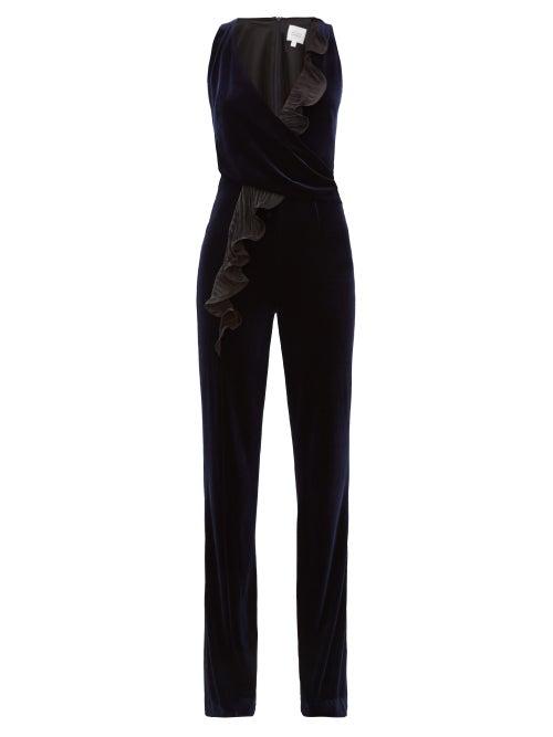 Matchesfashion.com Galvan - Pirouette Ruffled Panel Velvet Jumpsuit - Womens - Navy Multi