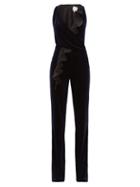 Matchesfashion.com Galvan - Pirouette Ruffled Panel Velvet Jumpsuit - Womens - Navy Multi