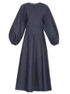 Matchesfashion.com Emilia Wickstead - Cora Balloon Sleeved Denim Midi Dress - Womens - Denim