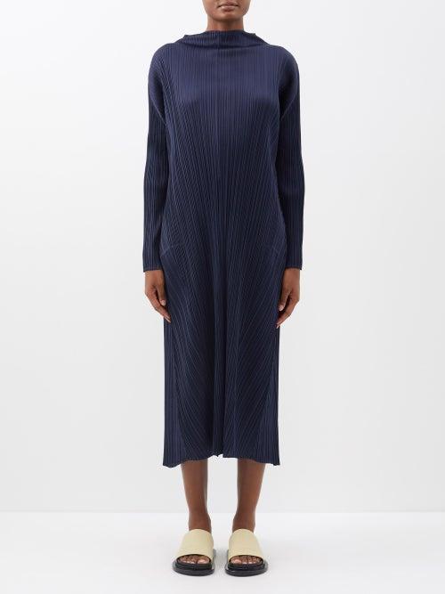 Pleats Please Issey Miyake - High-neck Technical-pleated Midi Dress - Womens - Dark Navy