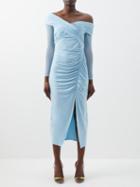 Self-portrait - Off-the-shoulder Gathered-jersey Midi Dress - Womens - Light Blue