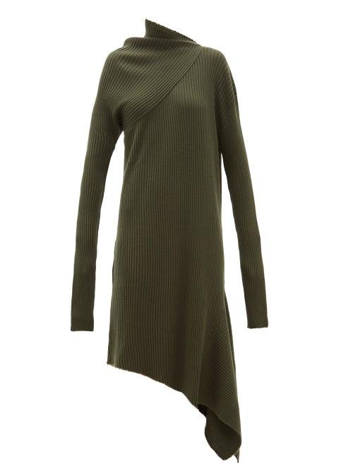 Matchesfashion.com Marques'almeida - Asymmetric Ribbed Wool Dress - Womens - Khaki