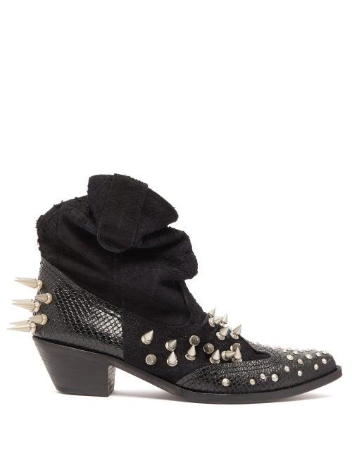 Matchesfashion.com Junya Watanabe - Spiked Suede And Snake Effect Leather Boots - Womens - Black