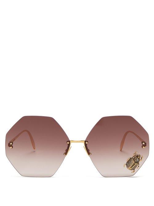 Matchesfashion.com Alexander Mcqueen - Crystal & Faux Pearl Hexagonal Metal Sunglasses - Womens - Brown Gold